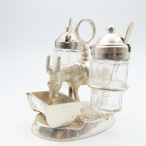 514 - Novelty Silver Plated Cruet Stand Central Donkey Motif Decoration Integral Carry Ring Handle Attract... 