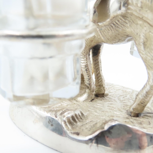 514 - Novelty Silver Plated Cruet Stand Central Donkey Motif Decoration Integral Carry Ring Handle Attract... 