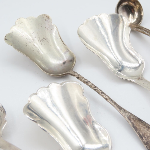 521 - Four Silver Sugar Scoops and Mustard Spoon Five Pieces in Lot