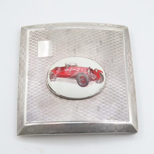 522 - Silver Cigarette Case Concave Form Machine Turned Decoration with Inset Motor Car Porcelain Plaque A... 