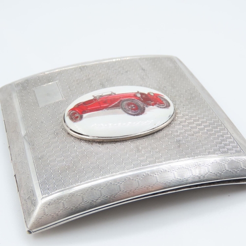 522 - Silver Cigarette Case Concave Form Machine Turned Decoration with Inset Motor Car Porcelain Plaque A... 