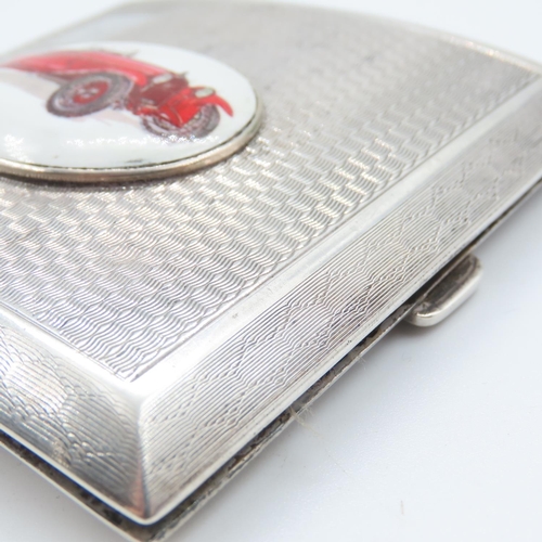 522 - Silver Cigarette Case Concave Form Machine Turned Decoration with Inset Motor Car Porcelain Plaque A... 