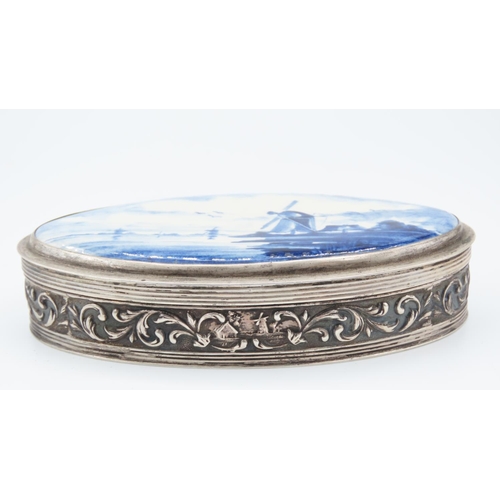 523 - Dutch Silver Oval Form Desk Box Approximately 12cm Wide with Inset Delphware Panel Depicting Windmil... 