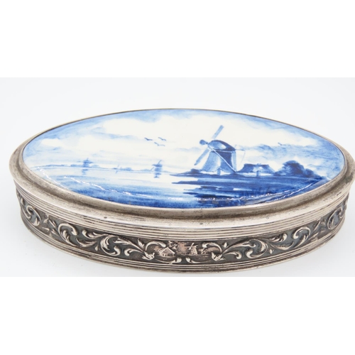 523 - Dutch Silver Oval Form Desk Box Approximately 12cm Wide with Inset Delphware Panel Depicting Windmil... 