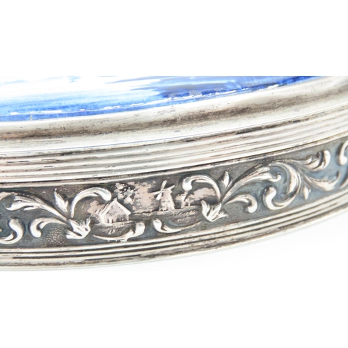 523 - Dutch Silver Oval Form Desk Box Approximately 12cm Wide with Inset Delphware Panel Depicting Windmil... 