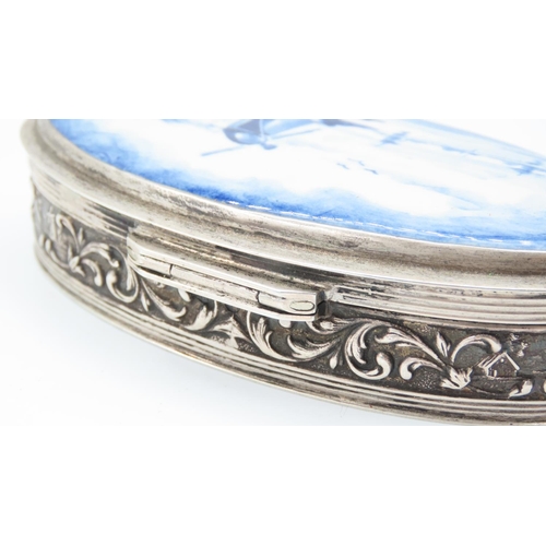 523 - Dutch Silver Oval Form Desk Box Approximately 12cm Wide with Inset Delphware Panel Depicting Windmil... 