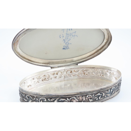 523 - Dutch Silver Oval Form Desk Box Approximately 12cm Wide with Inset Delphware Panel Depicting Windmil... 