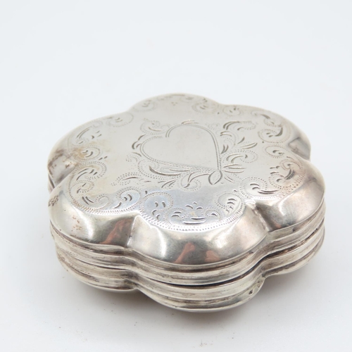 524 - Silver Shaped Form Snuff Box Engraved Detailing Hinged Cover Approximately 5cm Wide