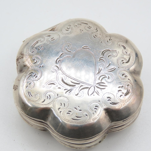 524 - Silver Shaped Form Snuff Box Engraved Detailing Hinged Cover Approximately 5cm Wide