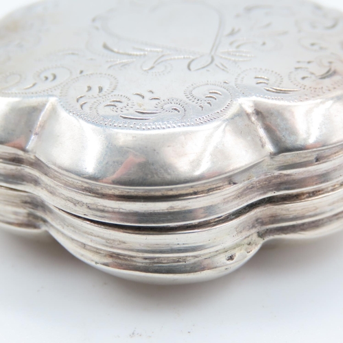 524 - Silver Shaped Form Snuff Box Engraved Detailing Hinged Cover Approximately 5cm Wide