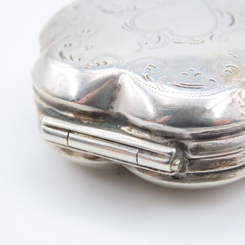 524 - Silver Shaped Form Snuff Box Engraved Detailing Hinged Cover Approximately 5cm Wide