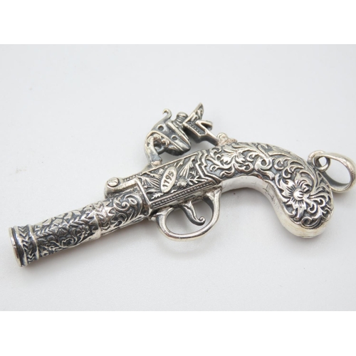 525 - Silver Musket Motif Pendant Attractively Detailed 6cm Wide