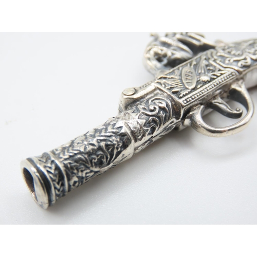 525 - Silver Musket Motif Pendant Attractively Detailed 6cm Wide