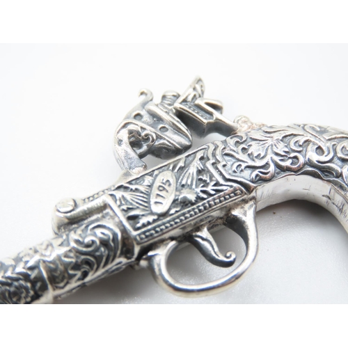 525 - Silver Musket Motif Pendant Attractively Detailed 6cm Wide