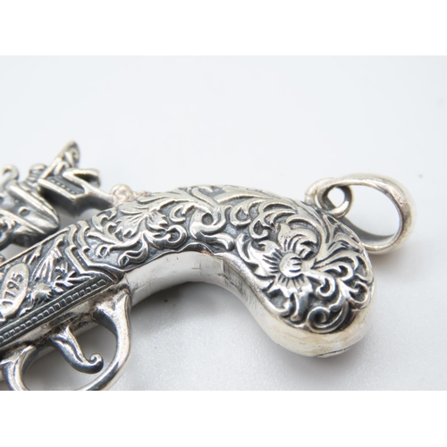 525 - Silver Musket Motif Pendant Attractively Detailed 6cm Wide