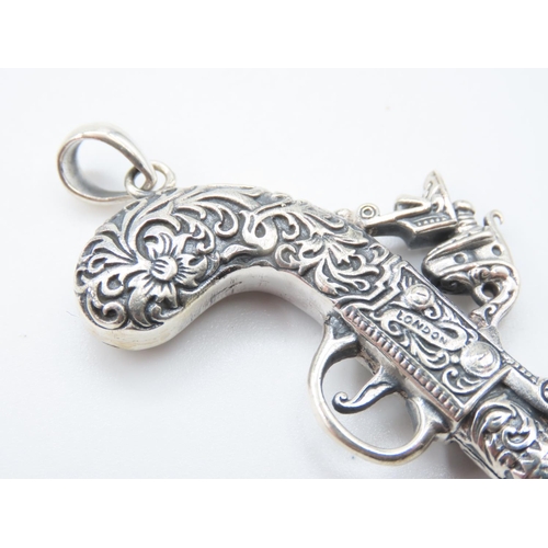 525 - Silver Musket Motif Pendant Attractively Detailed 6cm Wide