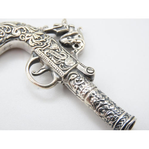 525 - Silver Musket Motif Pendant Attractively Detailed 6cm Wide