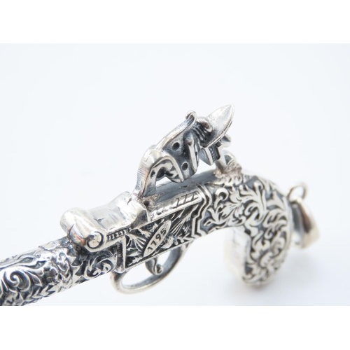 525 - Silver Musket Motif Pendant Attractively Detailed 6cm Wide