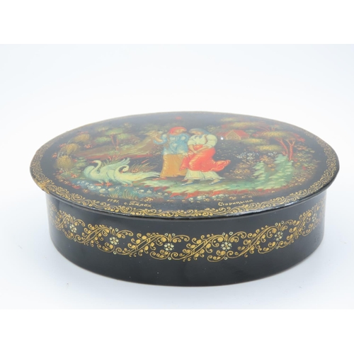 527 - Russian Lacquerware Box Circular Form with Cover Approximately 11cm Wide