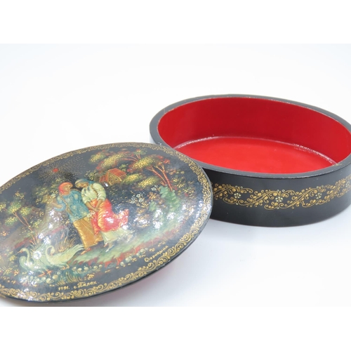 527 - Russian Lacquerware Box Circular Form with Cover Approximately 11cm Wide