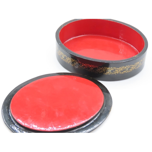 527 - Russian Lacquerware Box Circular Form with Cover Approximately 11cm Wide