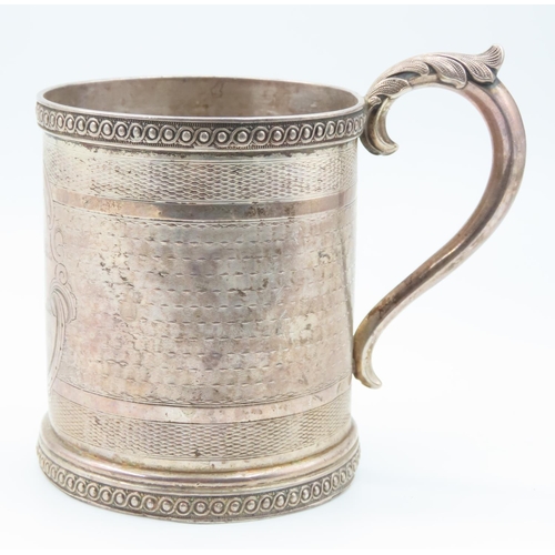 531 - Silver Tankard Flying C Scroll Handle Etched Rim and Base Decoration Approximately 10cm High