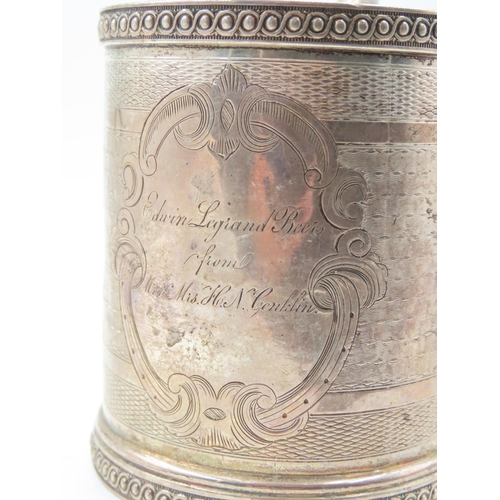 531 - Silver Tankard Flying C Scroll Handle Etched Rim and Base Decoration Approximately 10cm High