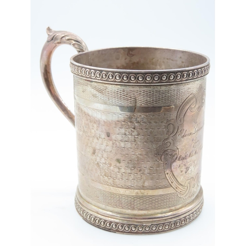 531 - Silver Tankard Flying C Scroll Handle Etched Rim and Base Decoration Approximately 10cm High