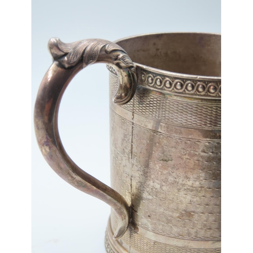 531 - Silver Tankard Flying C Scroll Handle Etched Rim and Base Decoration Approximately 10cm High