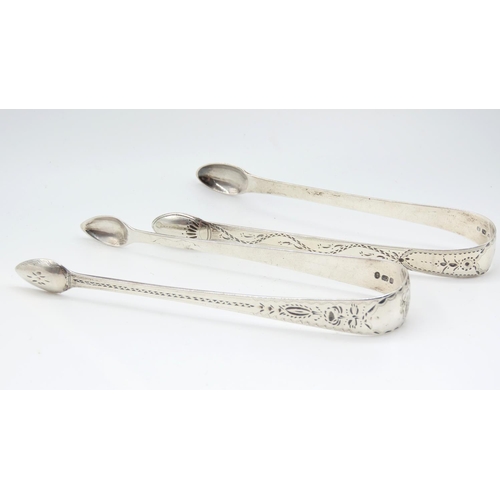 534 - Two Pairs of Silver Sugar Tongs Bright Cut Detailing Each 5 Inches Wide Approximately