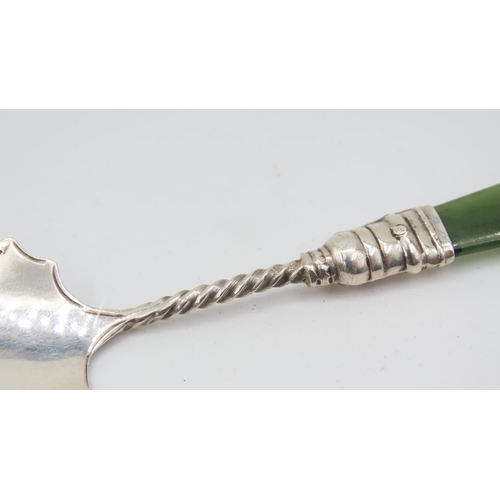 545 - Silver Carved Jade Handled Table Scoop Attractively Detailed Fine Jade