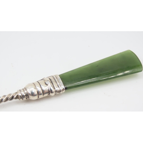 545 - Silver Carved Jade Handled Table Scoop Attractively Detailed Fine Jade