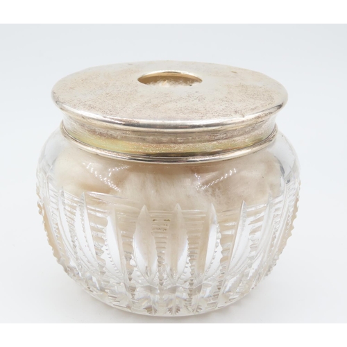 547 - Silver Top Powder Jar Cut Crystal Original Puffs Contained Within Approximately 4 Inches Diameter