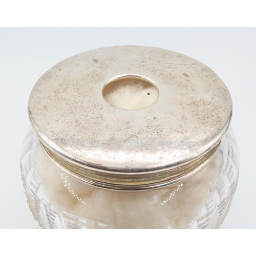 547 - Silver Top Powder Jar Cut Crystal Original Puffs Contained Within Approximately 4 Inches Diameter