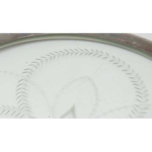 548 - Silver Mounted Etched Crystal Circular Form Table Coaster Approximately 9 Inches Diameter