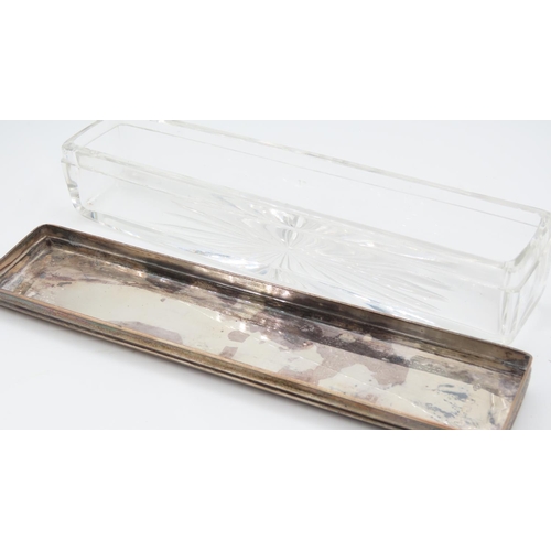 549 - Silver Top Edwardian Cut Crystal Table Box Long Rectangular Form Approximately 7 Inches Long