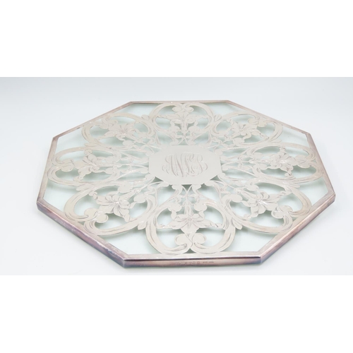 553 - Silver Mounted Cut Crystal Octagonal Form Table Coaster Approximately 8 Inches Wide