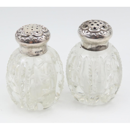 554 - Pair of Silver Mounted Cut Crystal Salt and Peppers Each Approximately 3 Inches High