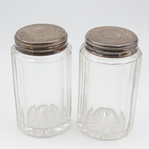 559 - Pair of Silver Top Desk Jars Engraved Detailing Attractively Set Facet Cut Each Approximately 10cm H... 