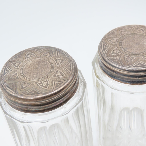 559 - Pair of Silver Top Desk Jars Engraved Detailing Attractively Set Facet Cut Each Approximately 10cm H... 