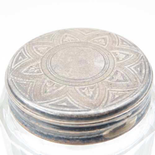 559 - Pair of Silver Top Desk Jars Engraved Detailing Attractively Set Facet Cut Each Approximately 10cm H... 