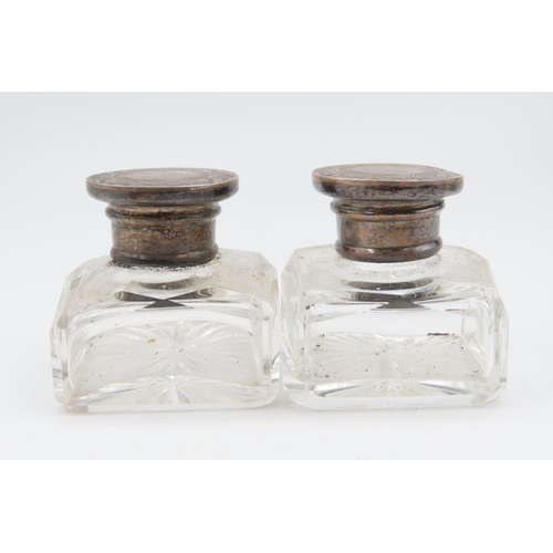 561 - Pair of Neat Form Silver Top Desk Bottles Each Approximately 4cm High x 4cm Wide