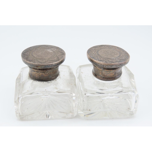 561 - Pair of Neat Form Silver Top Desk Bottles Each Approximately 4cm High x 4cm Wide