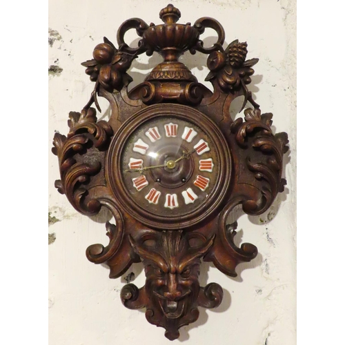 597 - Carved Oak Black Forest Wall Clock Roman Numeral Decorated Dial Further Carved Upper Urn Motif Decor... 