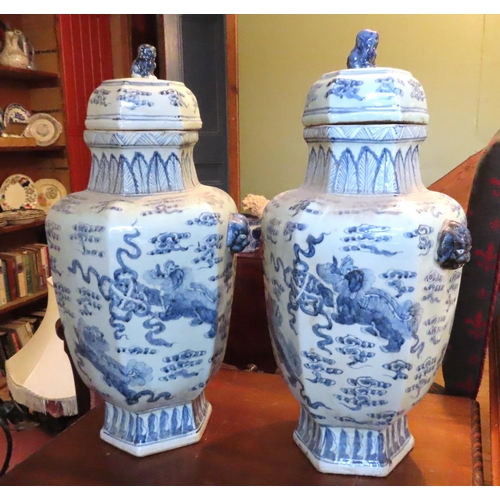 601 - Pair of Oriental Blue and White Vases with Original Covers Foo Dog Decorated Each Approximately 25 I... 