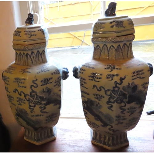 601 - Pair of Oriental Blue and White Vases with Original Covers Foo Dog Decorated Each Approximately 25 I... 