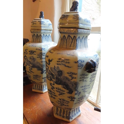 601 - Pair of Oriental Blue and White Vases with Original Covers Foo Dog Decorated Each Approximately 25 I... 