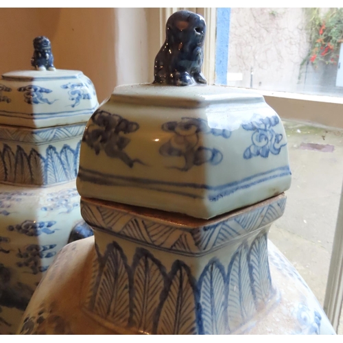 601 - Pair of Oriental Blue and White Vases with Original Covers Foo Dog Decorated Each Approximately 25 I... 