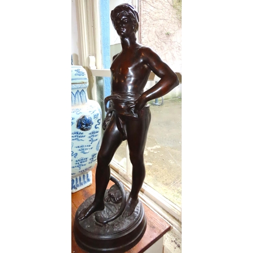 Antique Bronze Sculpture Standing Man with Turban Signed Indistinctly to Base Approximately 26 Inches High