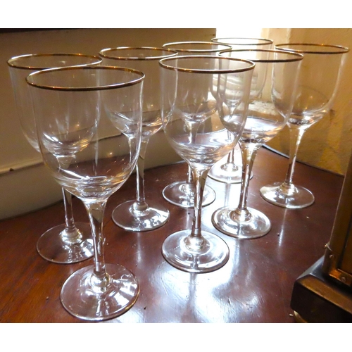 604 - Set of Eight Vintage Gilt Rimmed Crystal Wine Glasses Pedestal Form